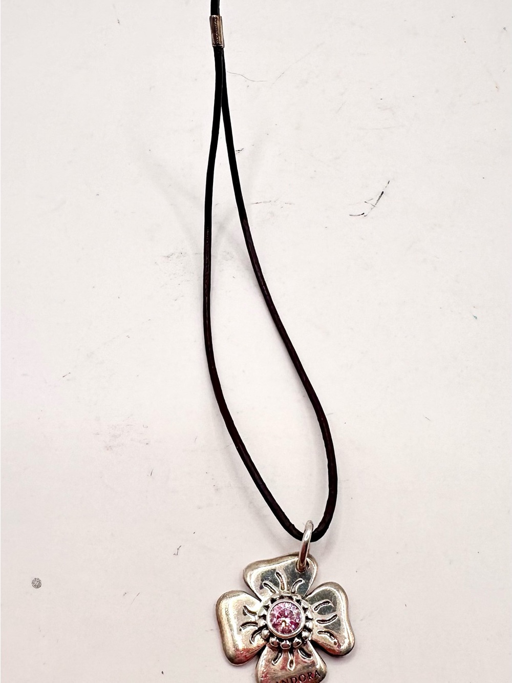 Pandora Pink CZ Flower Pendant Leather Cord Charm Silver S925